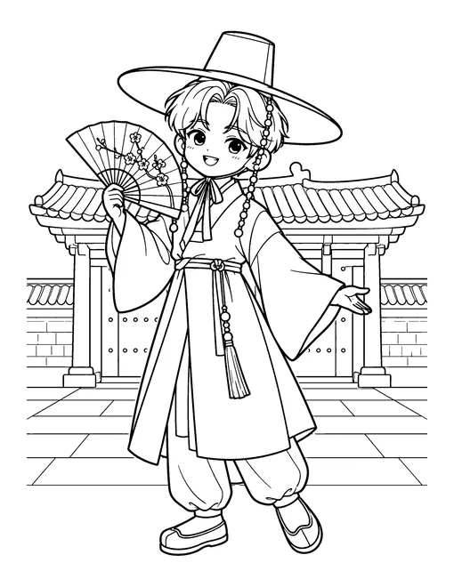 An idol in a mens hanbok and a wide-brimmed gat hat holds a folding fan in front of a palace gate, coloring page