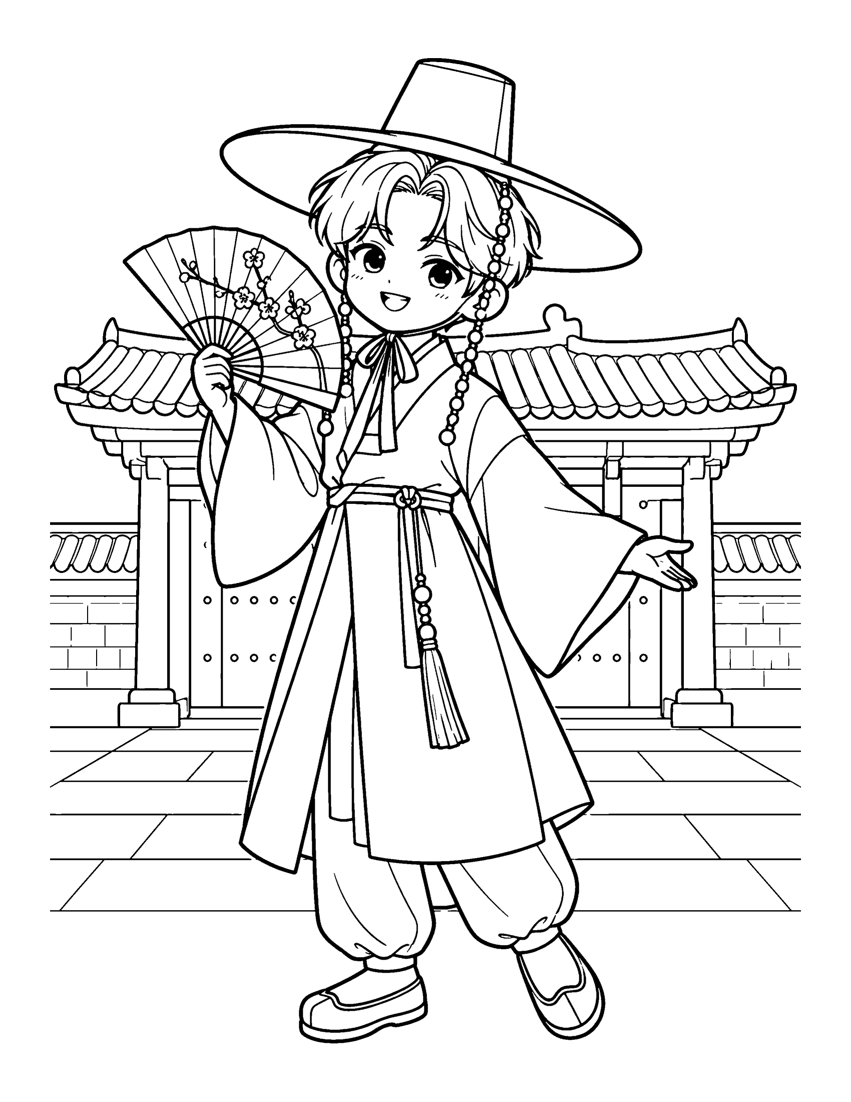 An idol in a mens hanbok and a wide-brimmed gat hat holds a folding fan in front of a palace gate, coloring page