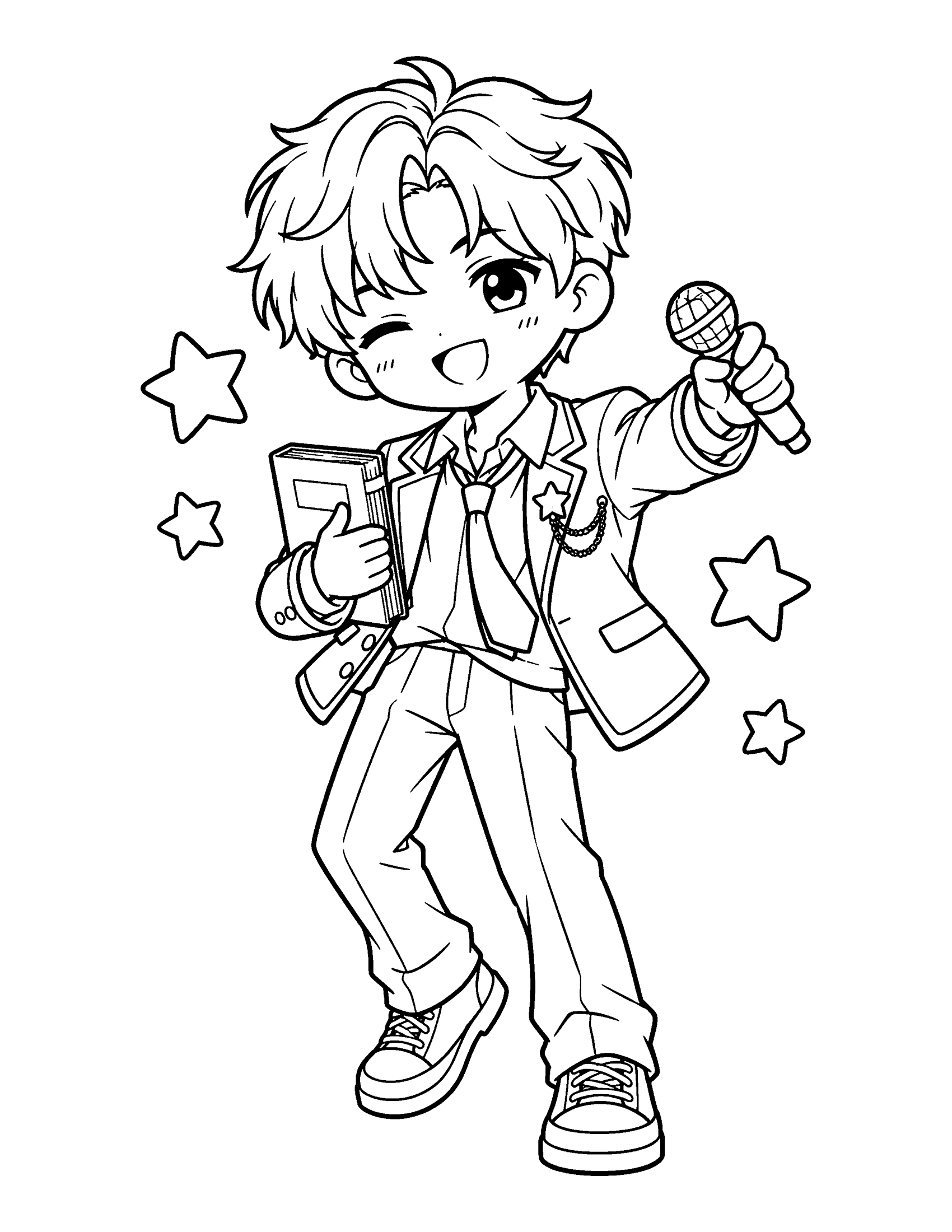 An idol in a school-concept outfit with a blazer and a loose tie holds a book in one hand and a microphone in the other, coloring page