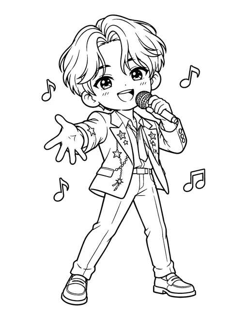 An idol with curtain bangs sings and reaches out to the crowd, in a star-embroidered suit jacket, coloring page