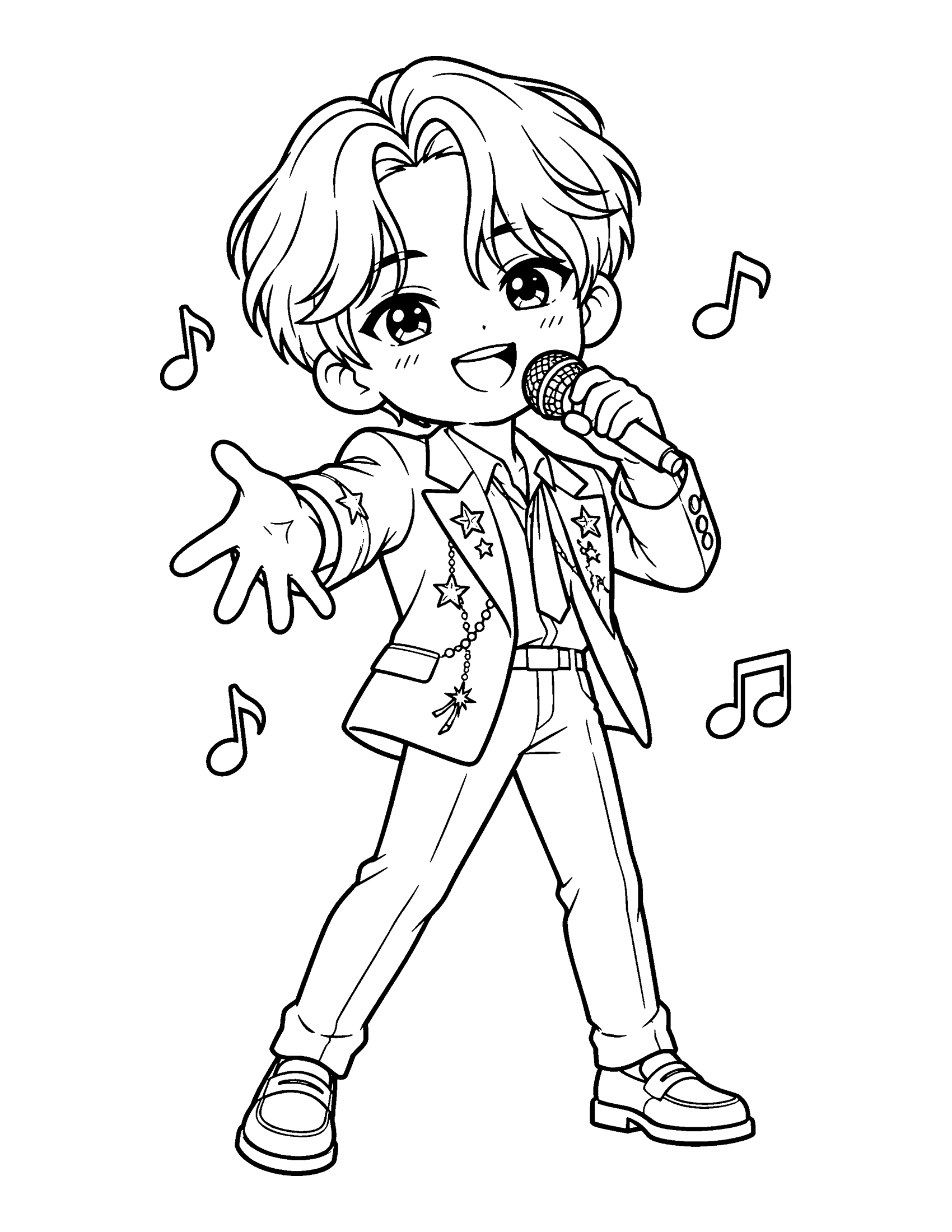 An idol with curtain bangs sings and reaches out to the crowd, in a star-embroidered suit jacket, coloring page