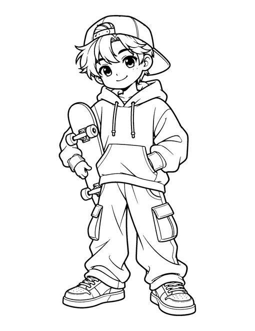 An idol in an oversized hoodie, cargo trousers and a cap carries a skateboard under one arm, coloring page