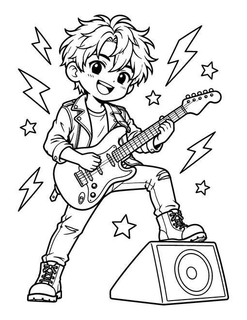 An idol in a leather jacket plays an electric guitar with one foot on a stage speaker, coloring page