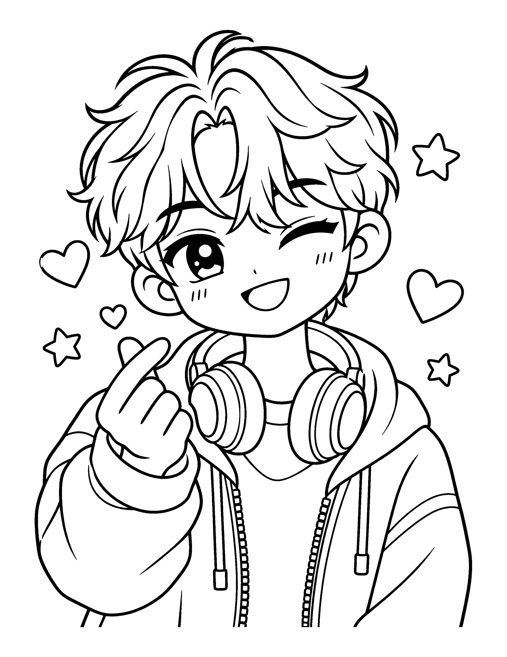 A waist-up portrait of an idol with fluffy hair, headphones round his neck, winking and making a finger heart, coloring page