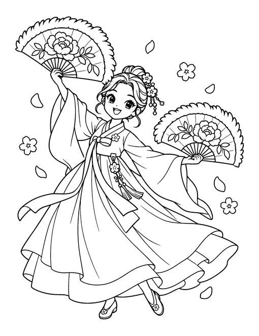 An idol in a hanbok performs a fan dance with two large peony fans as blossom falls, coloring page