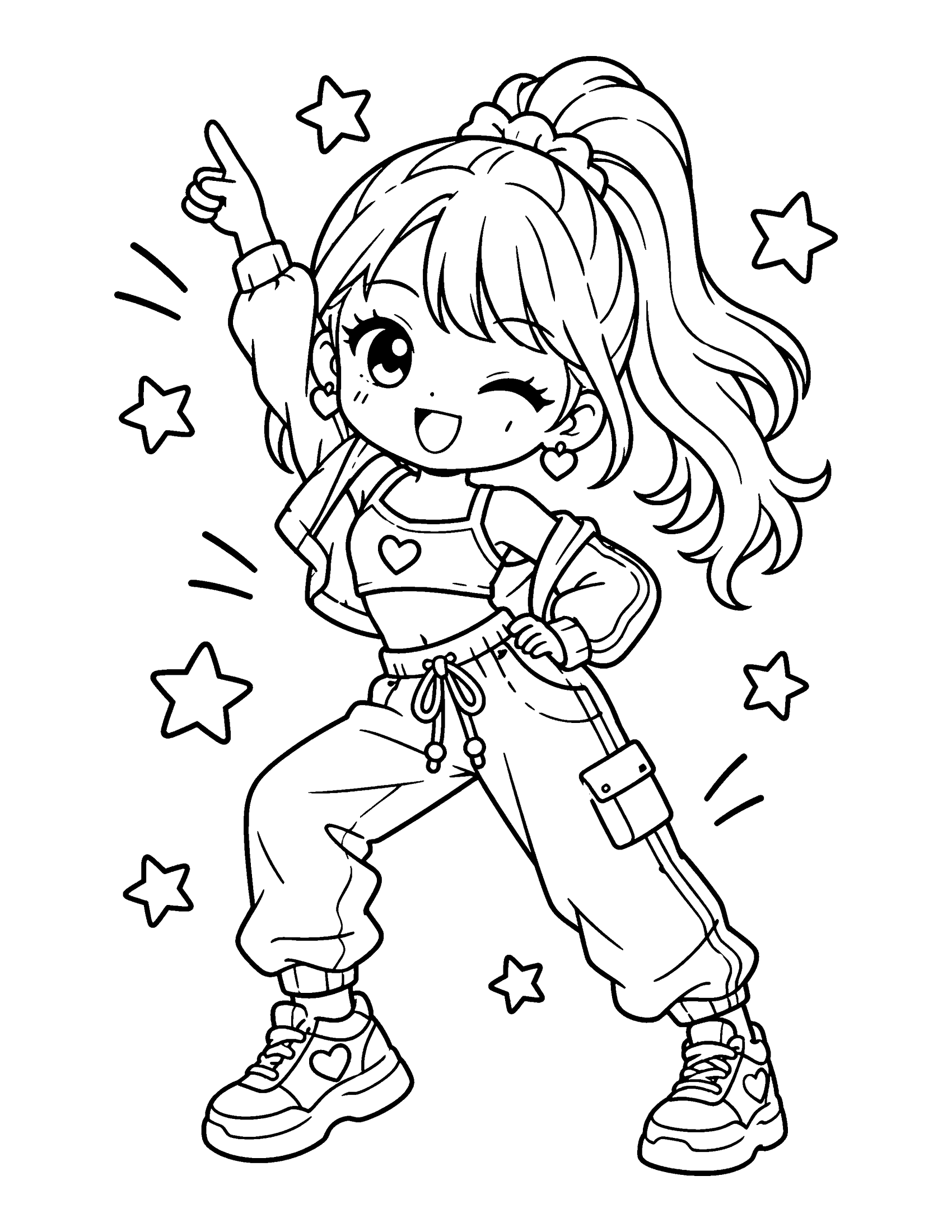 An idol with a high ponytail hits a strong dance pose in a crop top, joggers and sneakers, coloring page