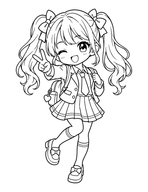 An idol with twin tails poses in a school-concept stage outfit: blazer, tie, pleated skirt and knee socks, coloring page