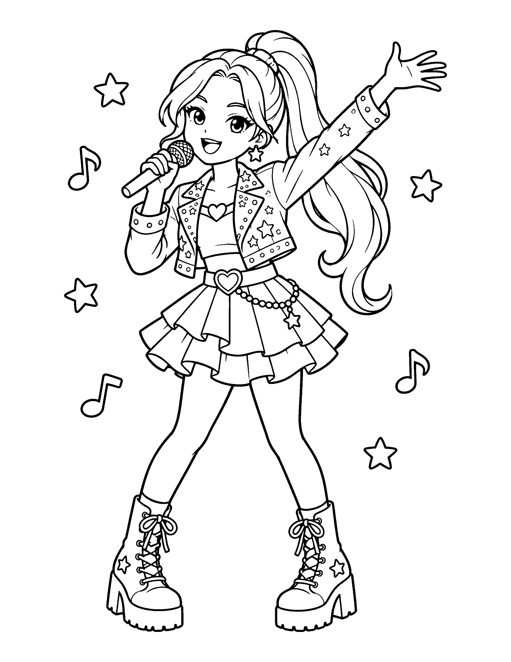 Original cartoon K-pop idol girl with a long ponytail singing into a microphone, with music notes and stars, coloring page