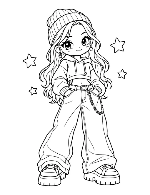 An idol in a cropped hoodie, wide jeans, a beanie and platform sneakers stands with her hands in her pockets, coloring page