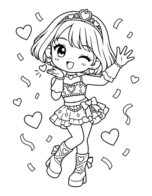 An idol with a bob and a tiara headband waves and blows a kiss to the fans in a sparkly stage outfit, coloring page