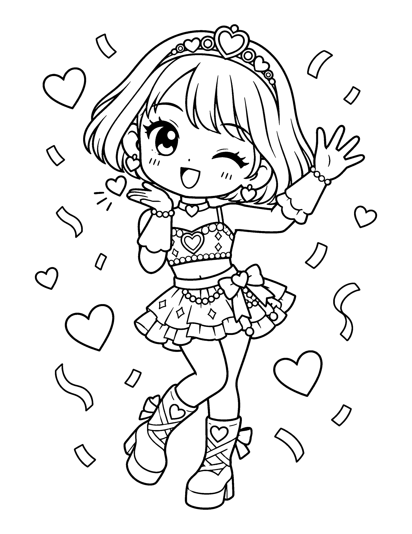 An idol with a bob and a tiara headband waves and blows a kiss to the fans in a sparkly stage outfit, coloring page