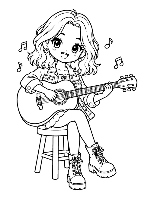An idol in a denim jacket sits on a stool and plays an acoustic guitar, with music notes drifting past, coloring page