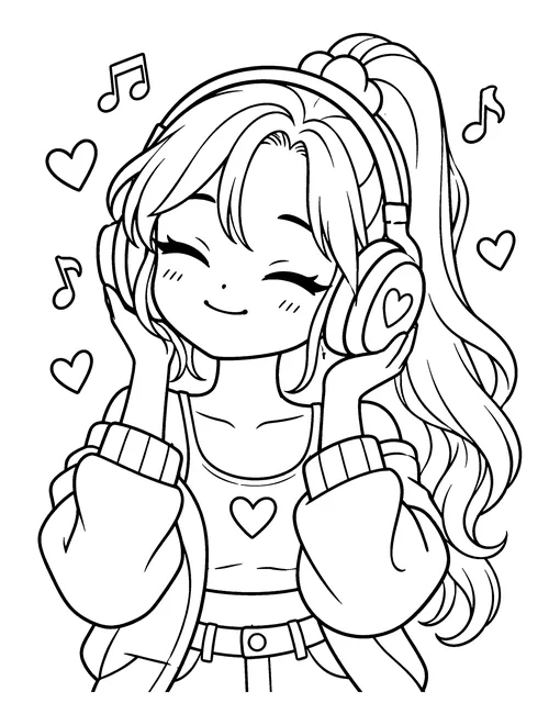 A waist-up portrait of an idol with a side ponytail, eyes closed, listening on big headphones, coloring page