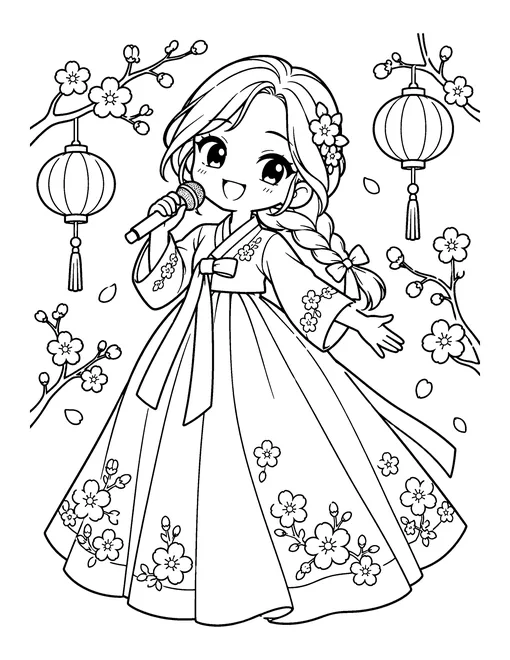 Cartoon K-pop idol girl in a traditional Korean hanbok with flower embroidery holding a microphone, with lanterns and plum blossom, coloring page