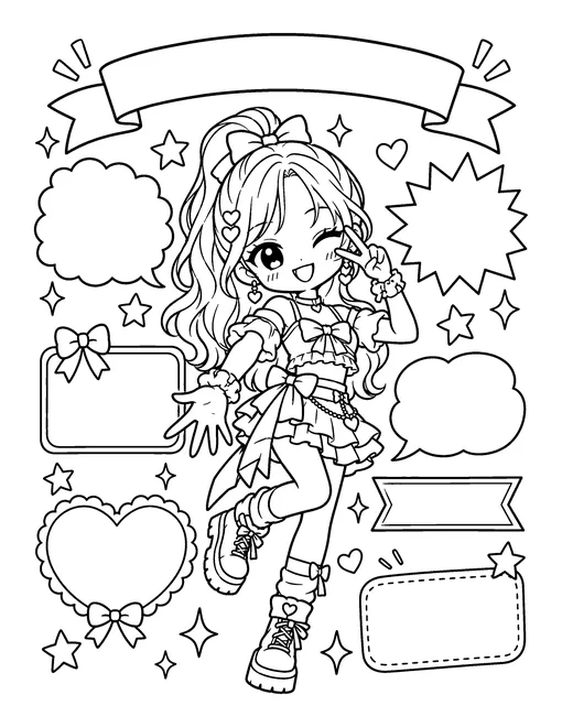 A magazine cover with an idol in the centre and empty banners and star bursts for your own headlines, coloring page