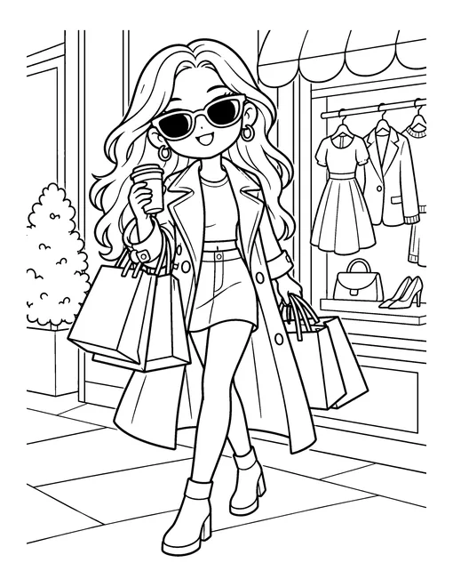 An idol in sunglasses and a trench coat walks past a shop window with her arms full of shopping bags, coloring page