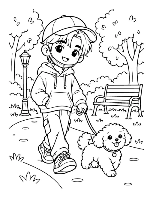 An idol in a hoodie and cap takes his small fluffy dog for a walk in the park, coloring page