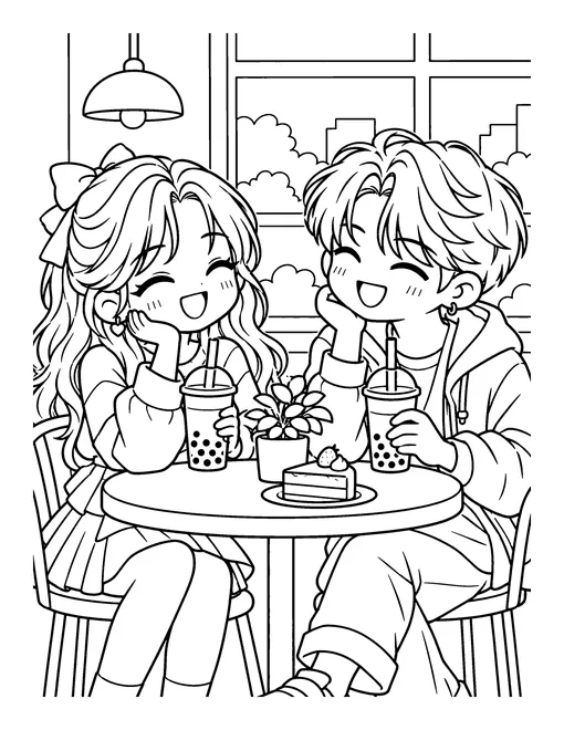 Two idols laugh over bubble tea and cake at a cafe table by the window, coloring page