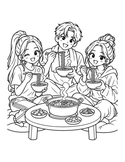 Three idols share ramen at a low table after practice, with a pot and small dishes of kimchi, coloring page