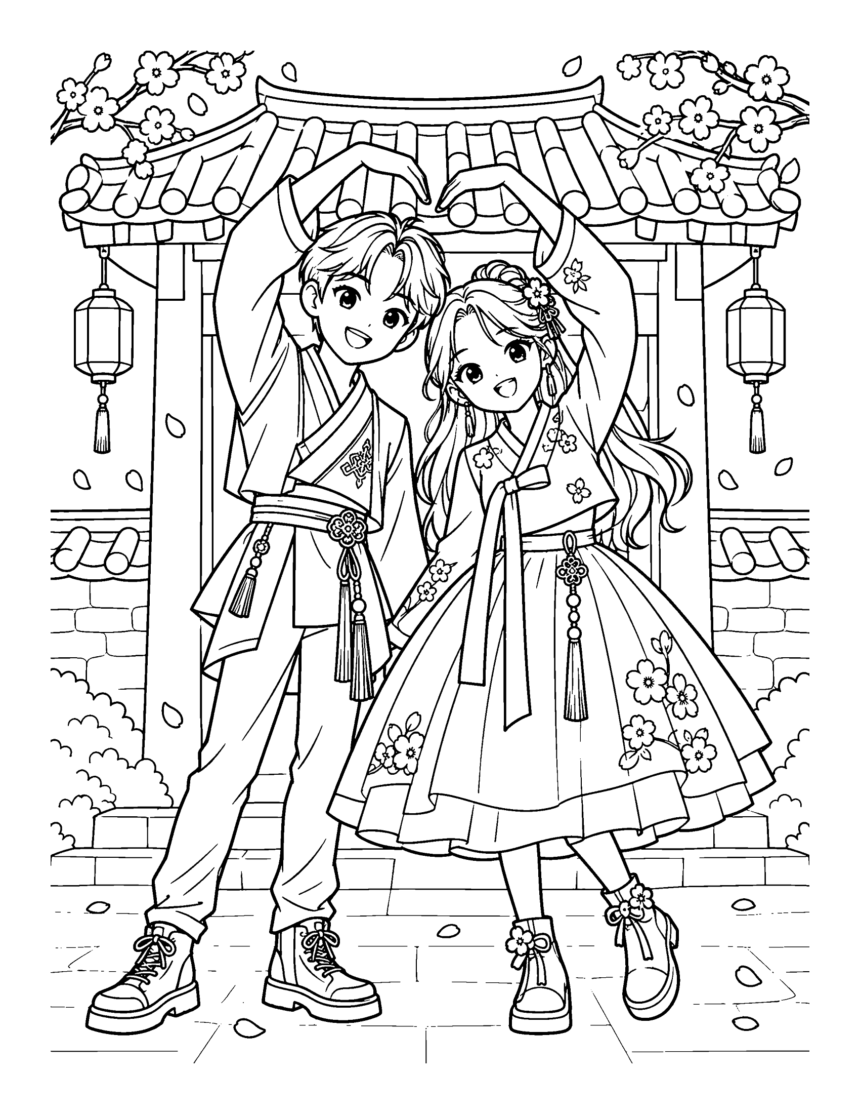Two cartoon K-pop idols in modern hanbok making a big heart with their arms in front of a tiled-roof gate with lanterns, coloring page