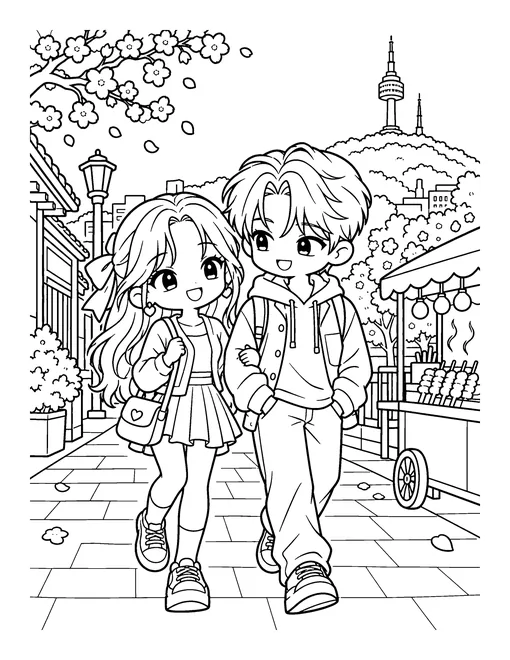 Two idols stroll through the city under cherry blossom, with a tall tower on the hill behind them, coloring page