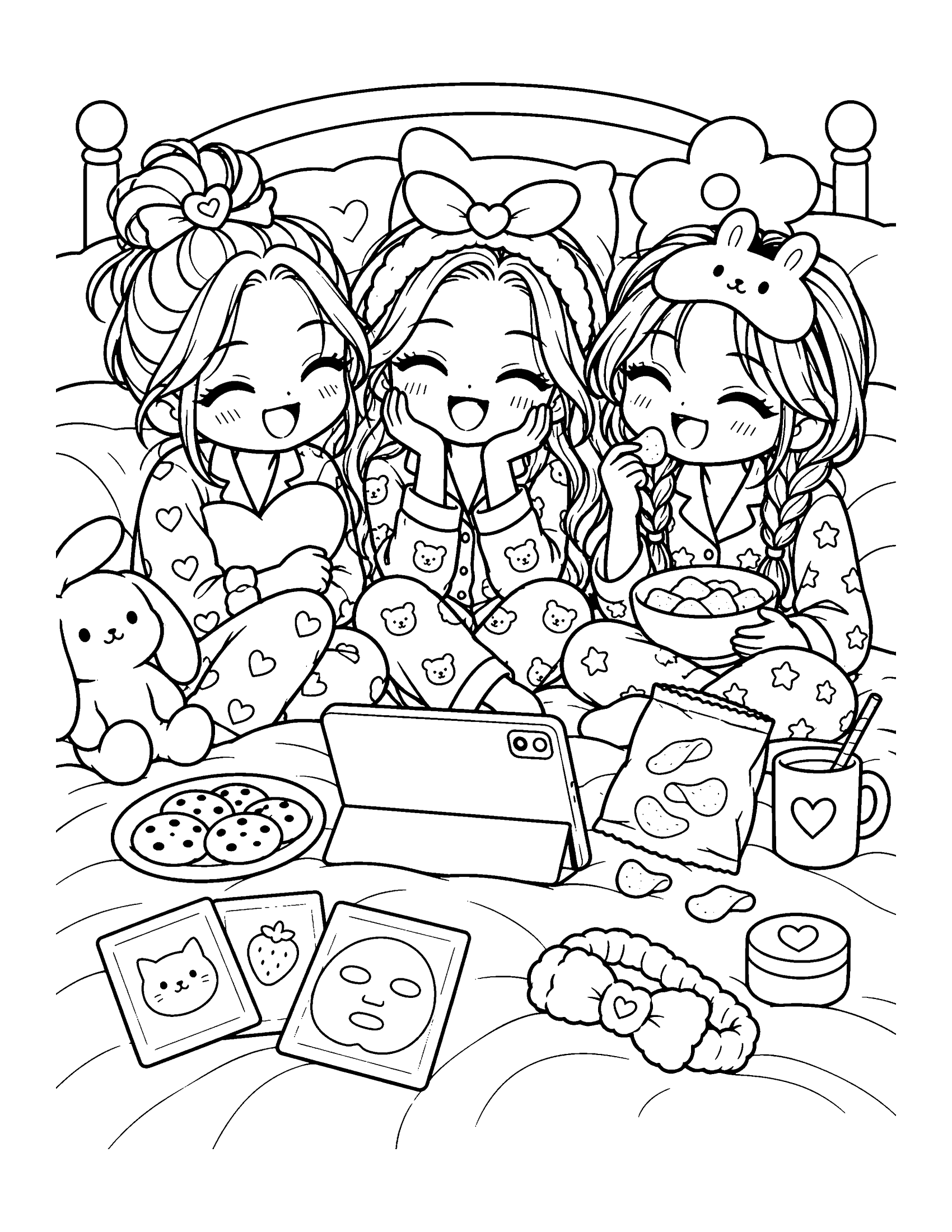 Three group members in pajamas pile onto a bed with pillows, snacks and sheet masks, coloring page
