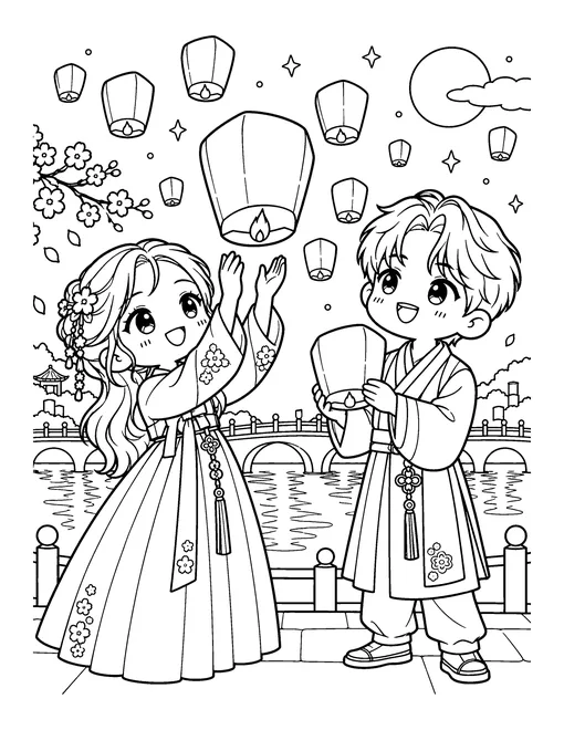Two idols in modern hanbok release paper lanterns into the night sky beside the river, coloring page