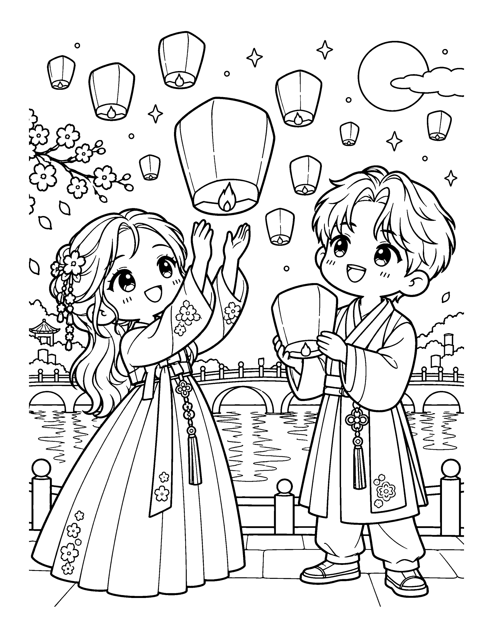 Two idols in modern hanbok release paper lanterns into the night sky beside the river, coloring page