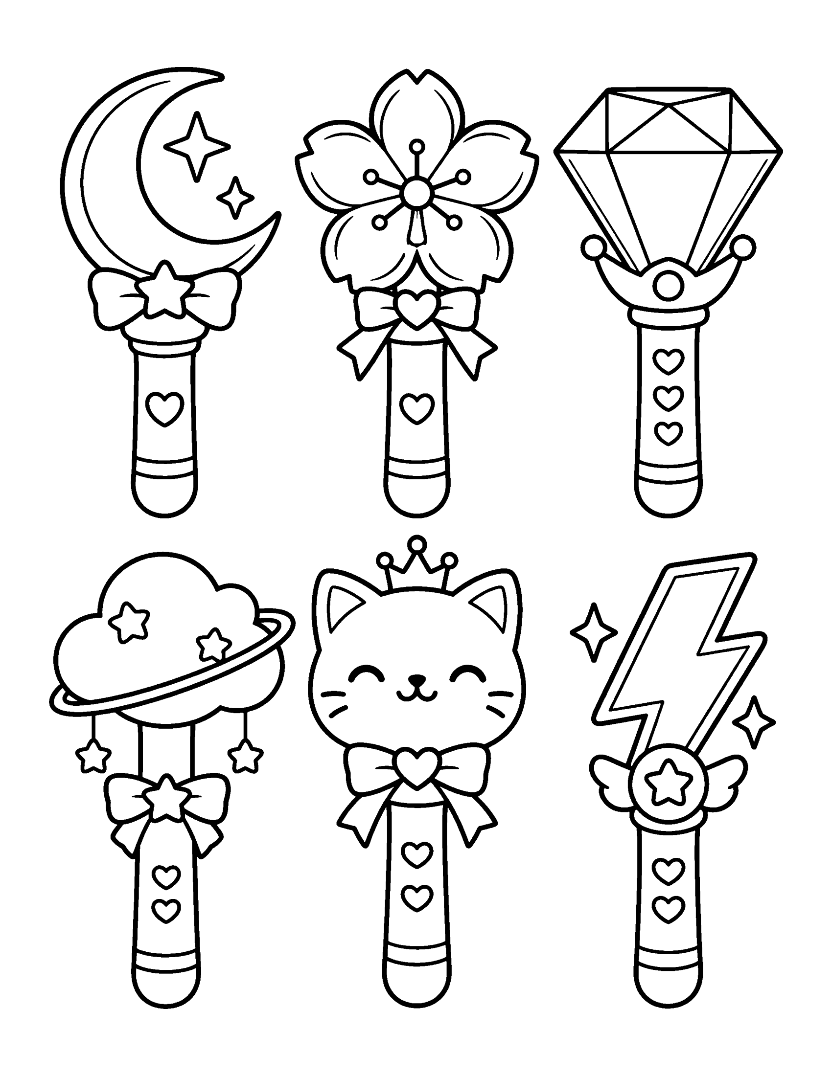 Six made-up light sticks with tops shaped like a moon, a flower, a diamond, a cloud, a cat and a lightning bolt, coloring page