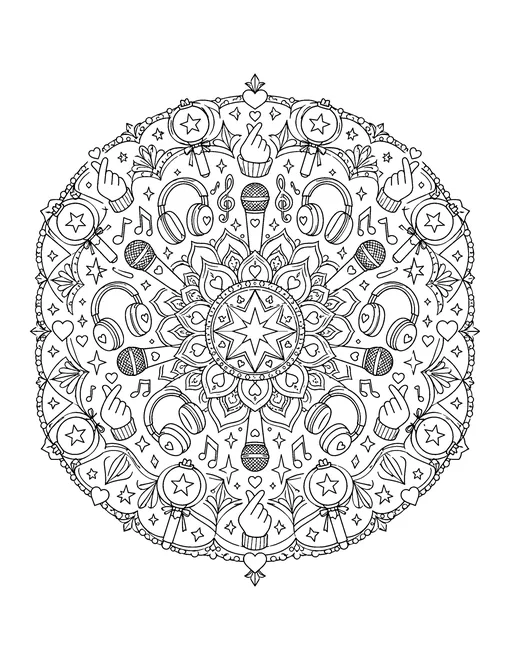A round mandala built from rings of microphones, headphones, light sticks, music notes, stars and finger hearts, coloring page