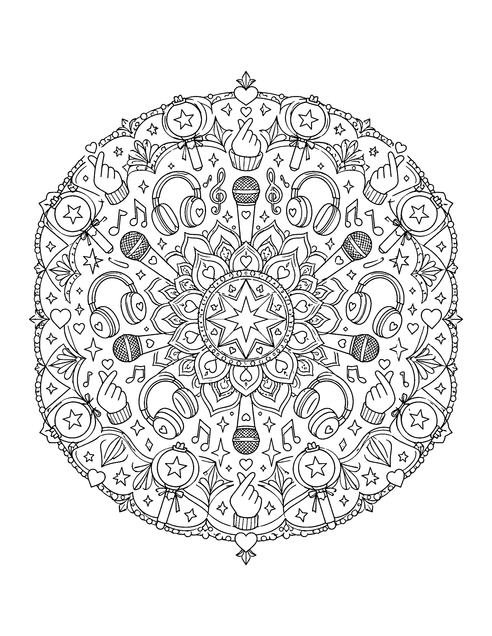 A round mandala built from rings of microphones, headphones, light sticks, music notes, stars and finger hearts, coloring page