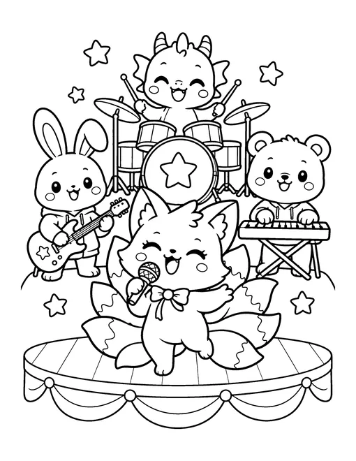 Four mascots form a band: the fox sings, the dragon drums, the bunny plays guitar and the bear plays keyboard, coloring page