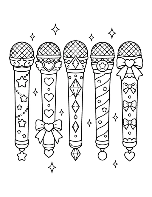 Five custom idol microphones in a row, decorated with stars, hearts, gems, stripes and bows, coloring page