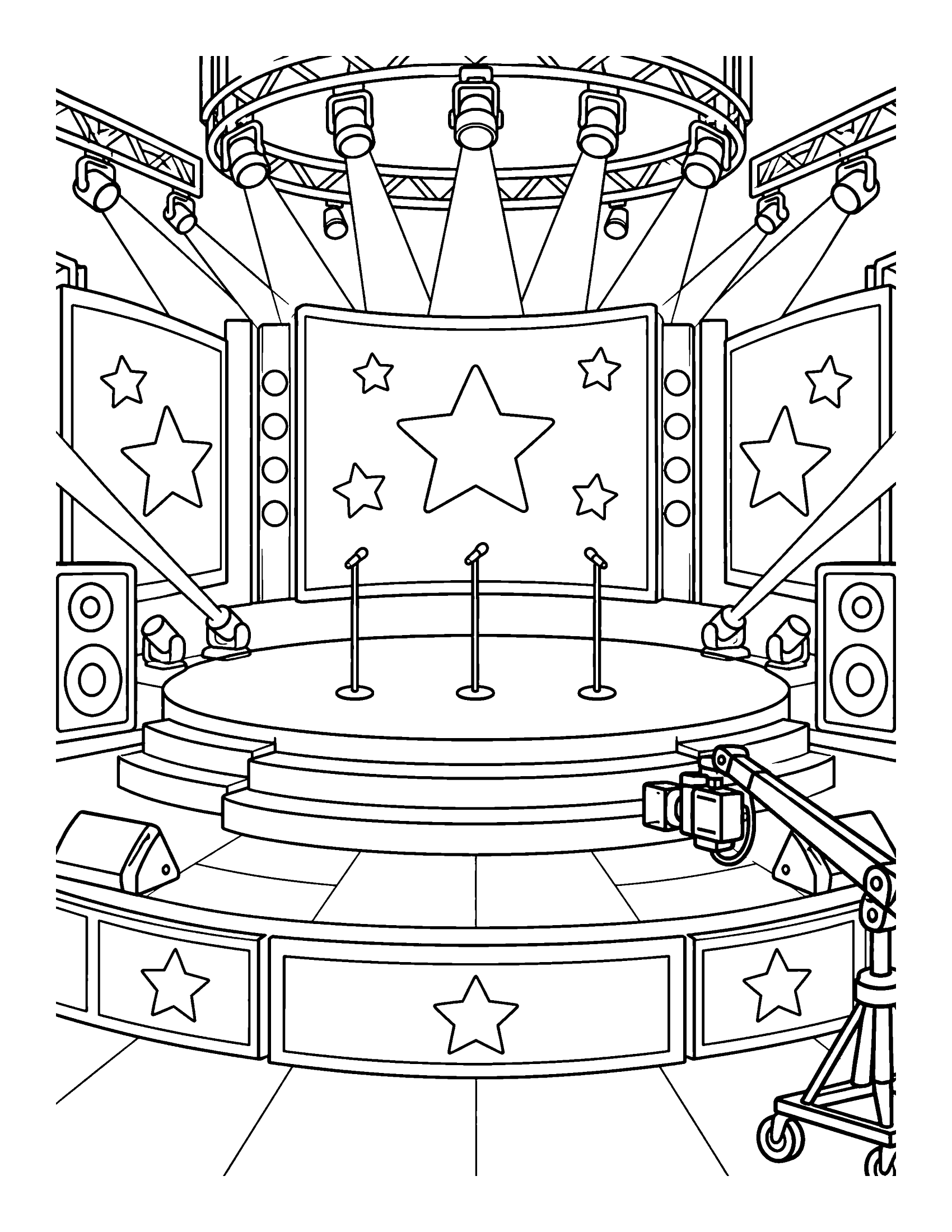 An empty music show stage with steps, star screens, light beams, speakers and three microphone stands, ready to colour, coloring page