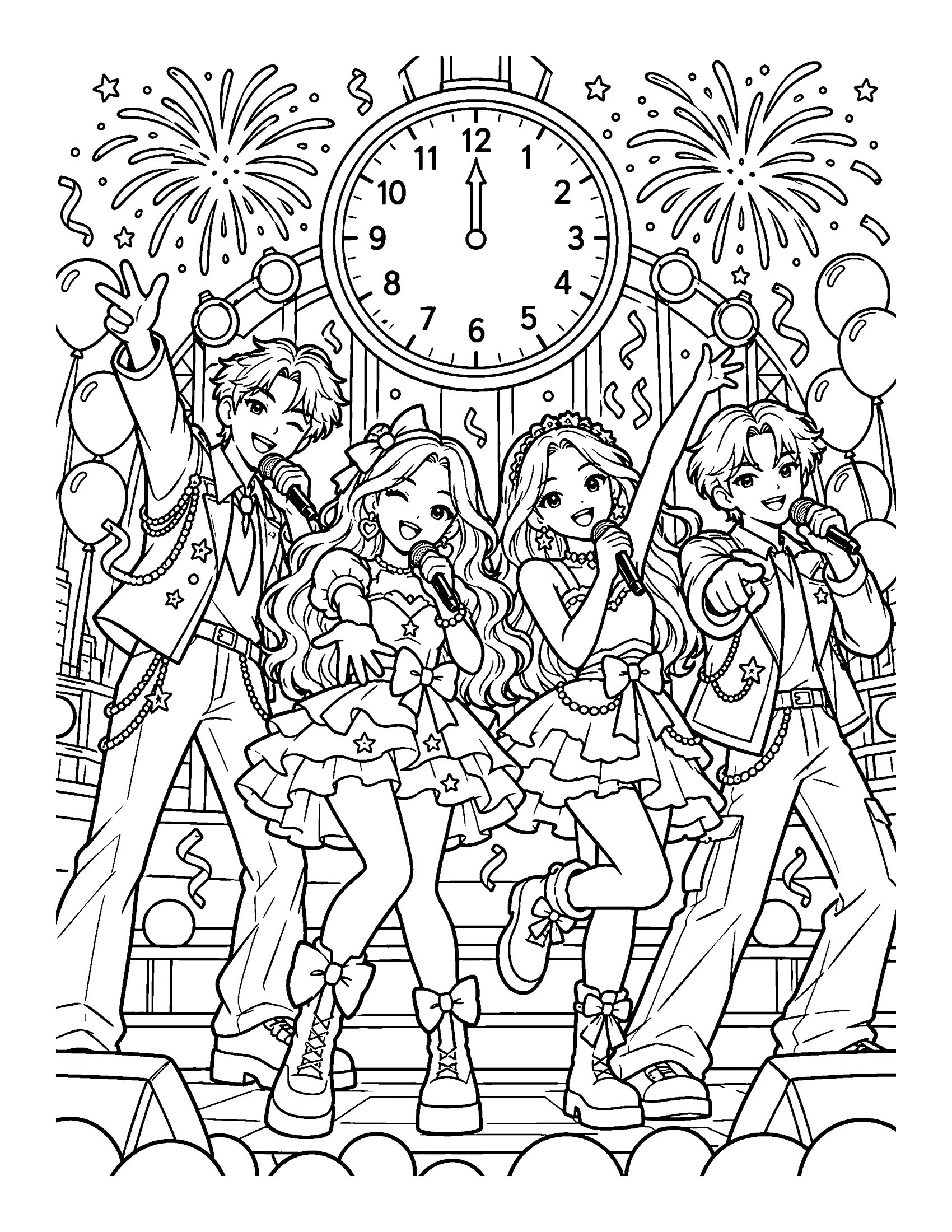 Four idols sing on a countdown stage as the clock reaches midnight and fireworks fill the sky, coloring page