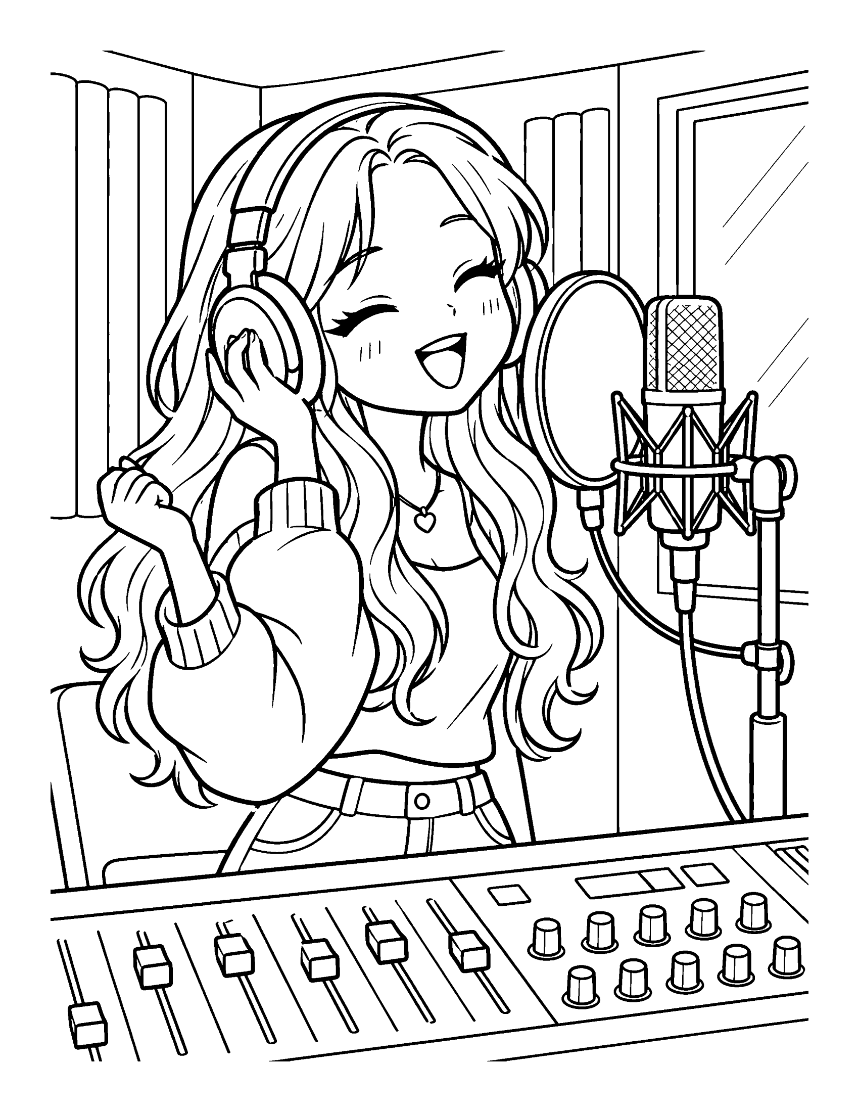 An idol sings into a studio microphone with a pop filter, with a mixing desk full of sliders in front, coloring page