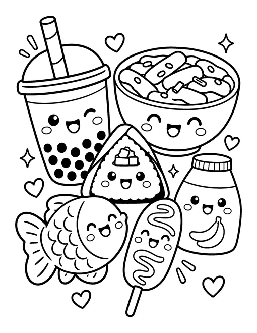 Six smiling Korean snacks: bubble tea, tteokbokki, triangle kimbap, a fish-shaped pastry, a corn dog and banana milk, coloring page
