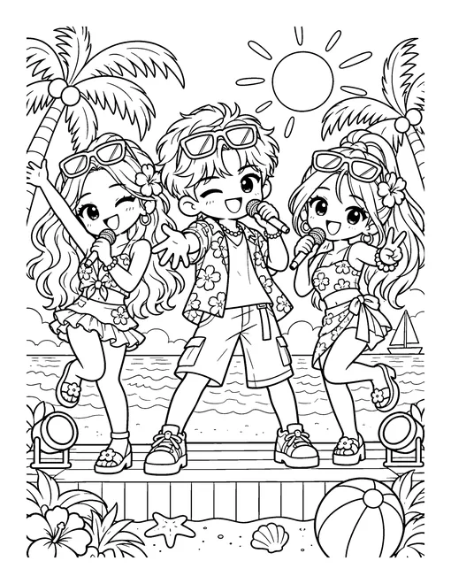 Three idols in sunglasses and flower shirts sing on the beach, with palm trees, waves and a beach ball, coloring page