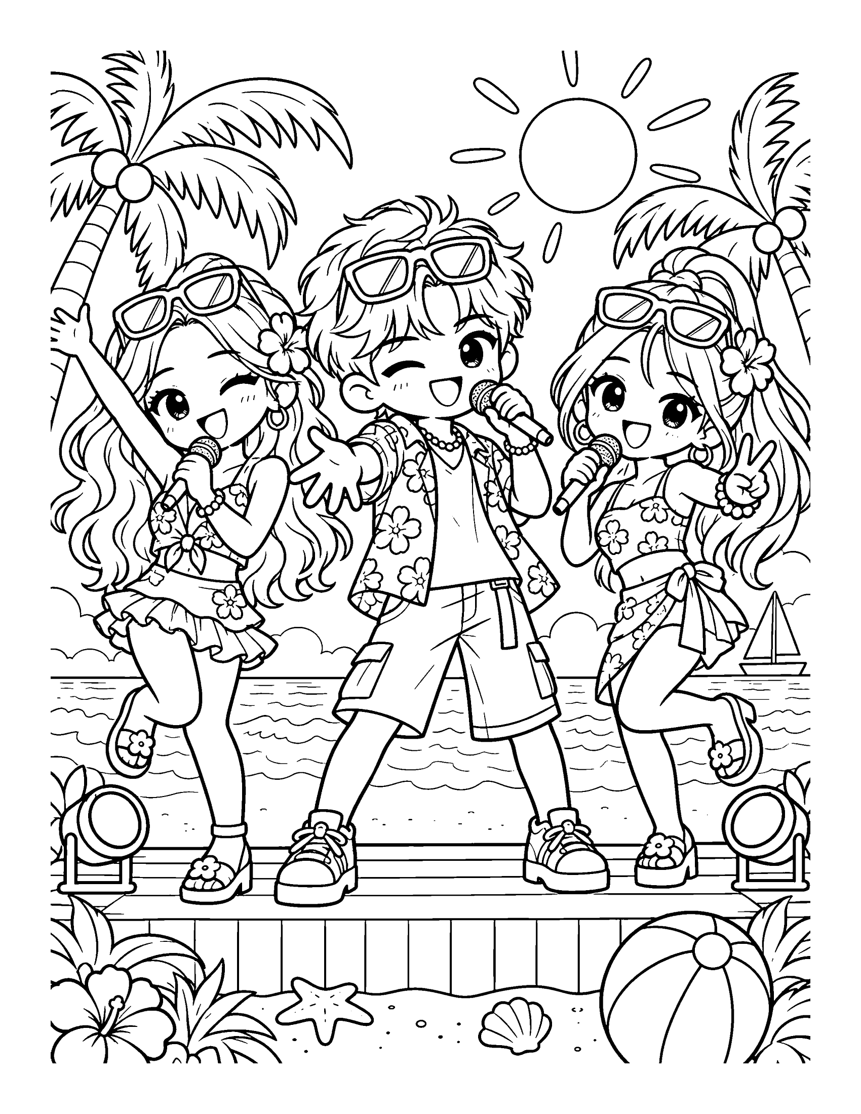 Three idols in sunglasses and flower shirts sing on the beach, with palm trees, waves and a beach ball, coloring page