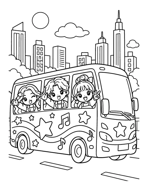 A tour bus covered in stars and music notes rolls past the city while three idols wave from the windows, coloring page
