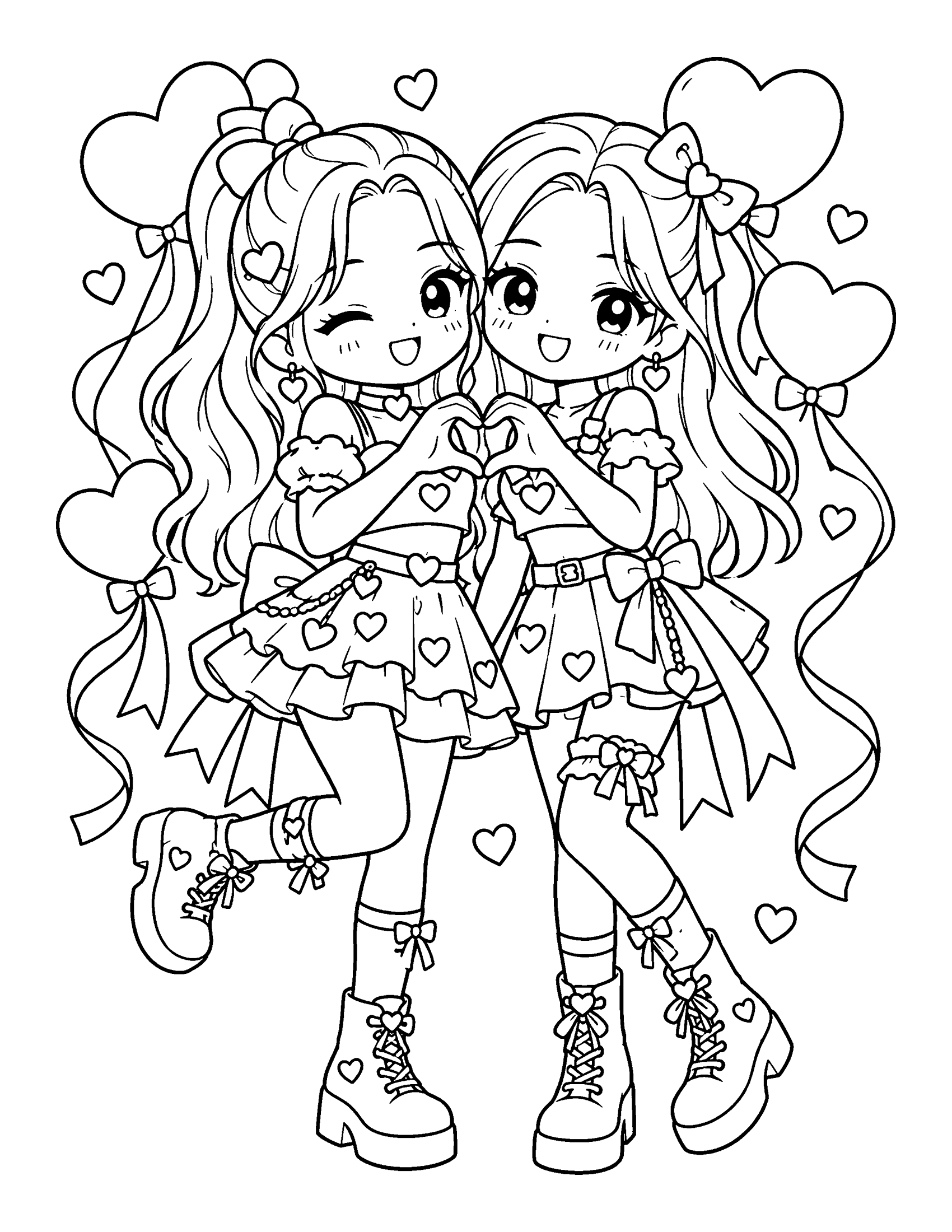 Two idols in heart-patterned outfits make one big heart with their hands, with heart balloons above, coloring page