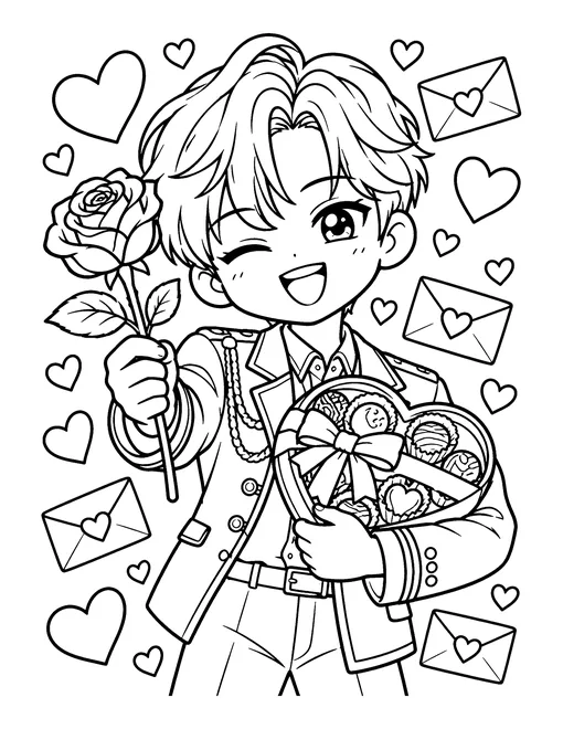 An idol in a smart jacket holds a heart-shaped box of chocolates and a rose, with love letters floating around, coloring page