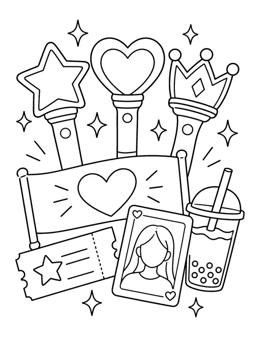 K-pop fan items: three concert light sticks, a banner, a ticket, a photocard and bubble tea, coloring page