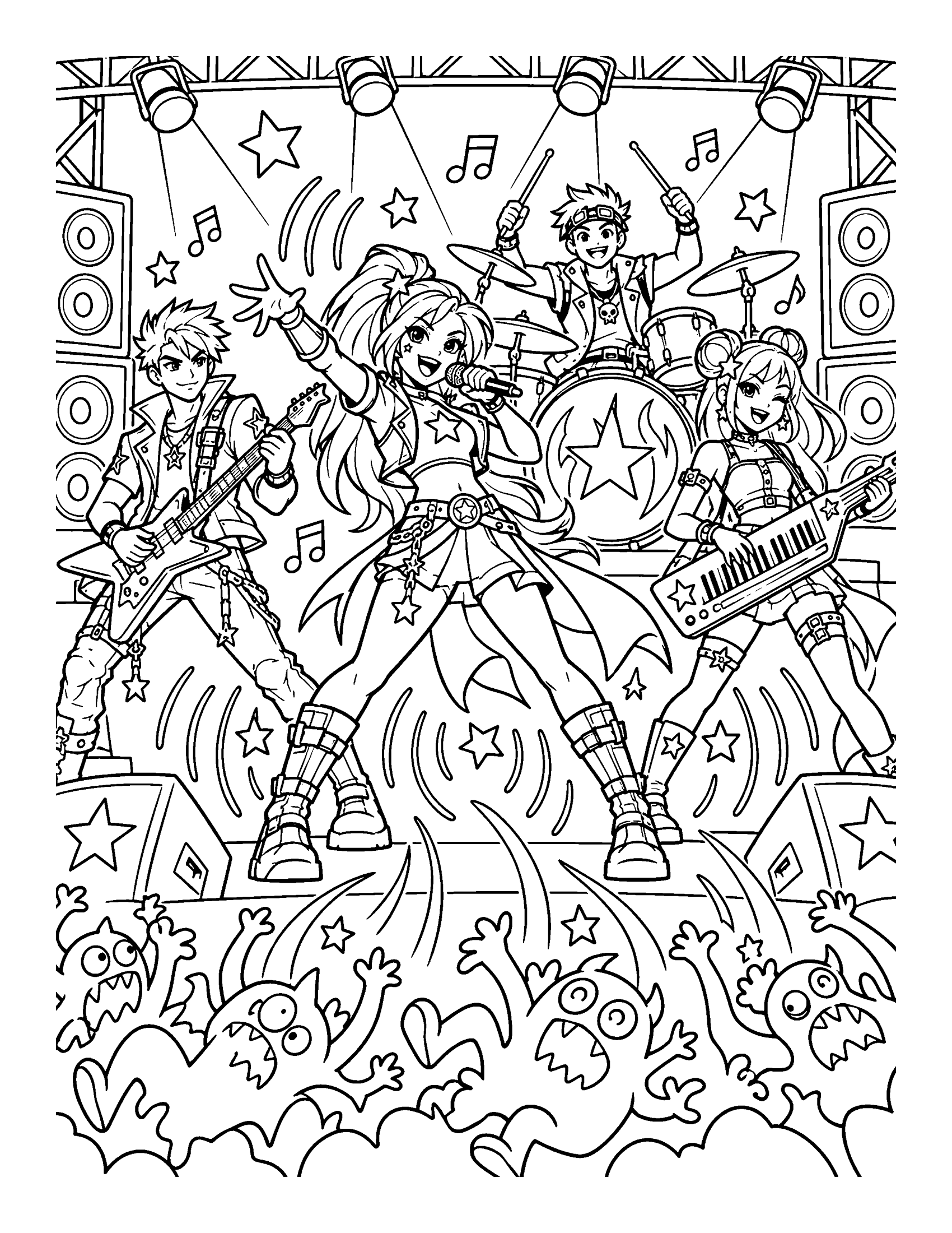 Four monster hunters perform on stage while their sound waves push a crowd of small shadow monsters back, coloring page