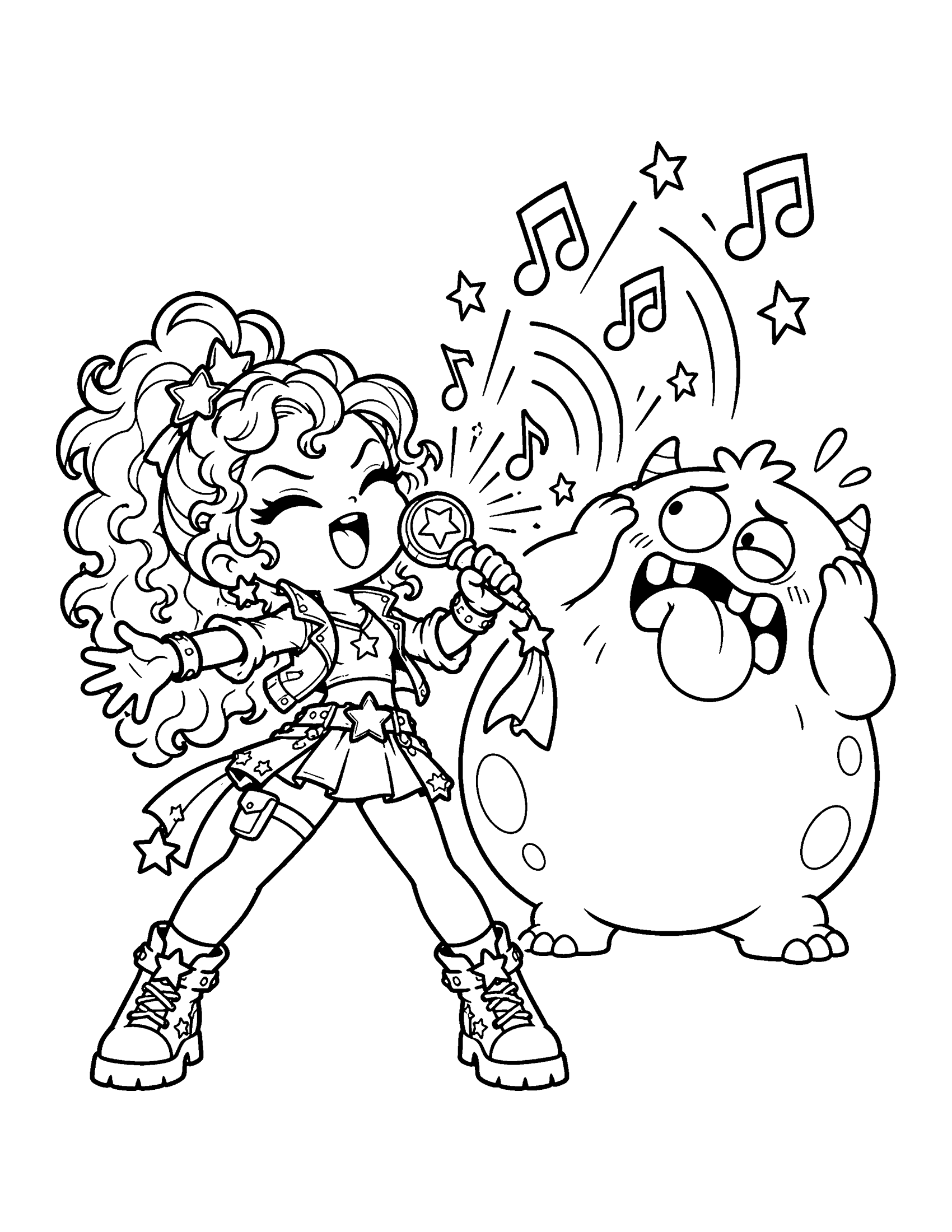 A monster hunter with curly hair sings a powerful note at a giant goofy monster, who covers its ears, coloring page