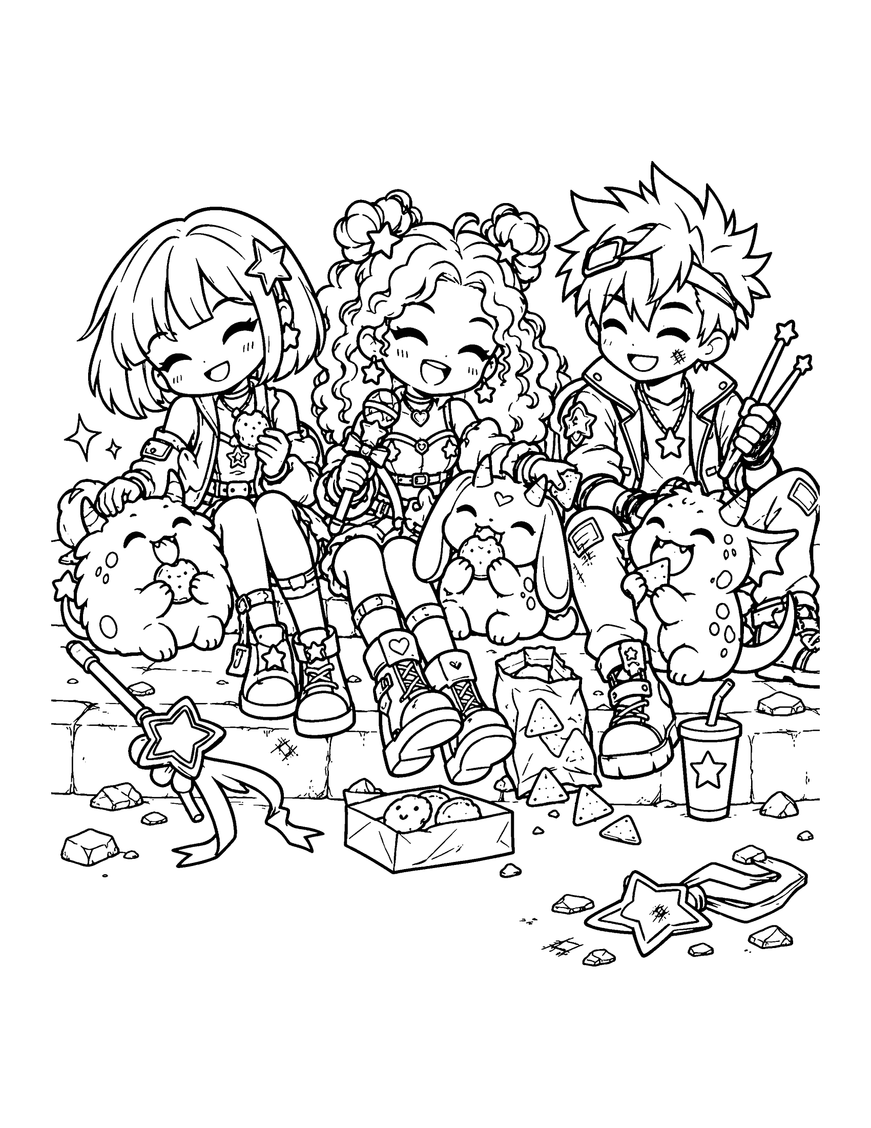 Three tired monster hunters sit on the kerb and share their snacks with three small monsters who are now friends, coloring page