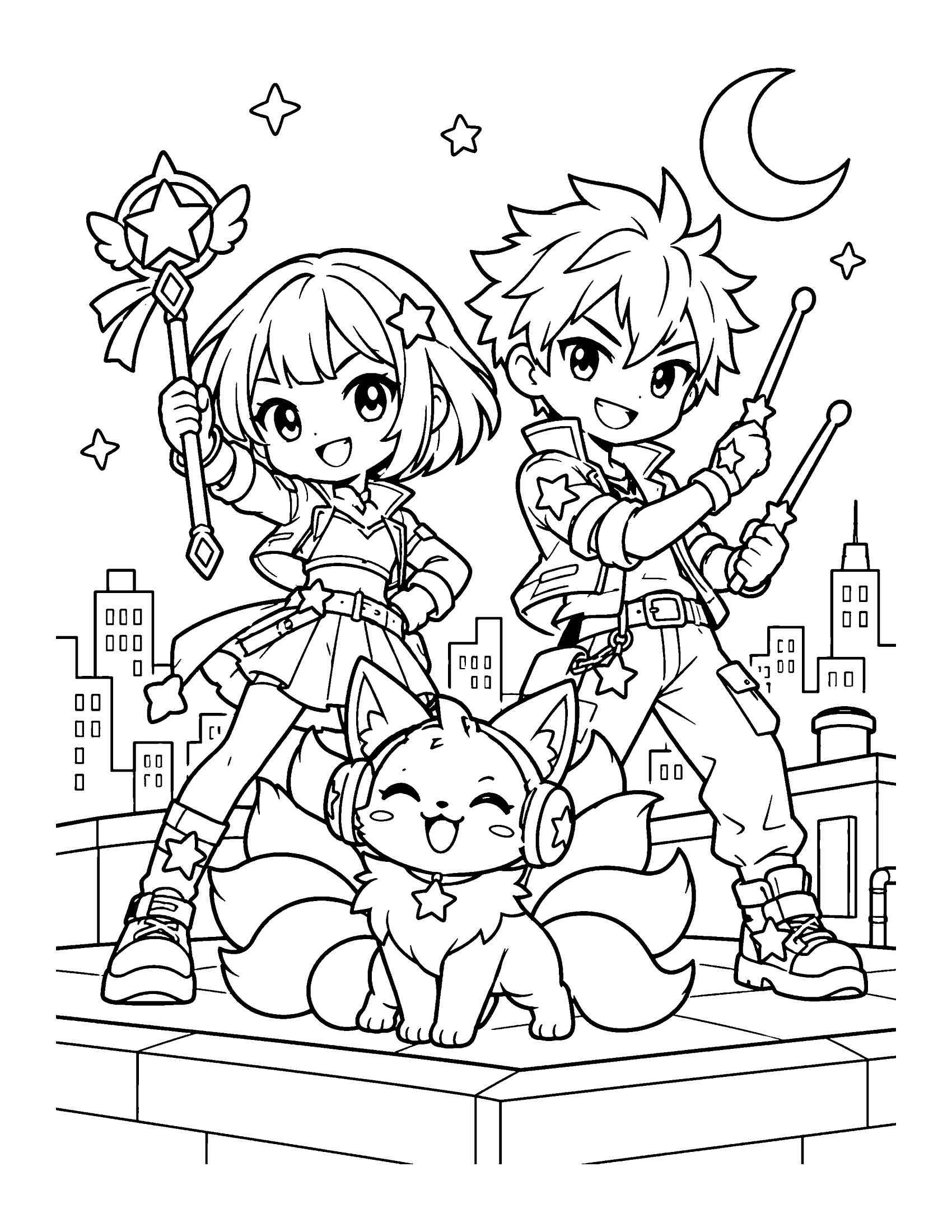 Two monster hunters stand ready on a rooftop at night with their mascot, a chubby fox cub in headphones, coloring page