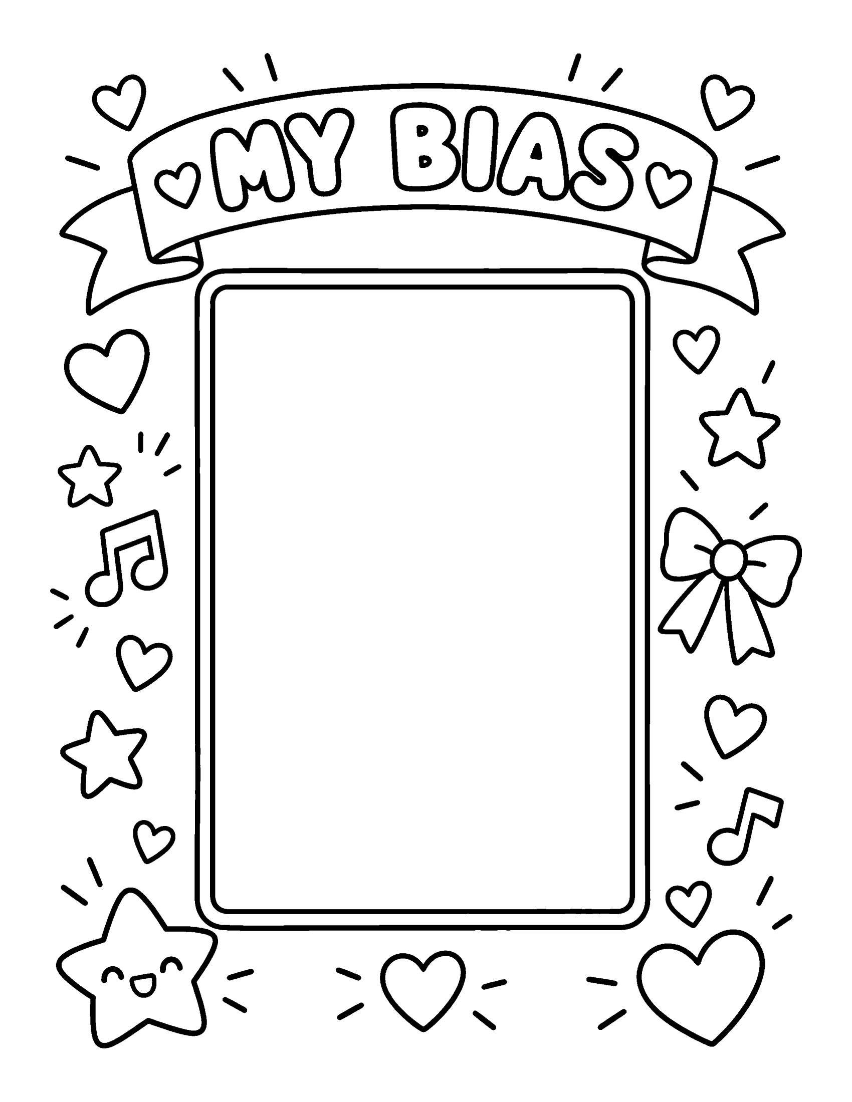 A big empty frame under a MY BIAS banner, for drawing your favourite singer, with hearts and stars around it, coloring page