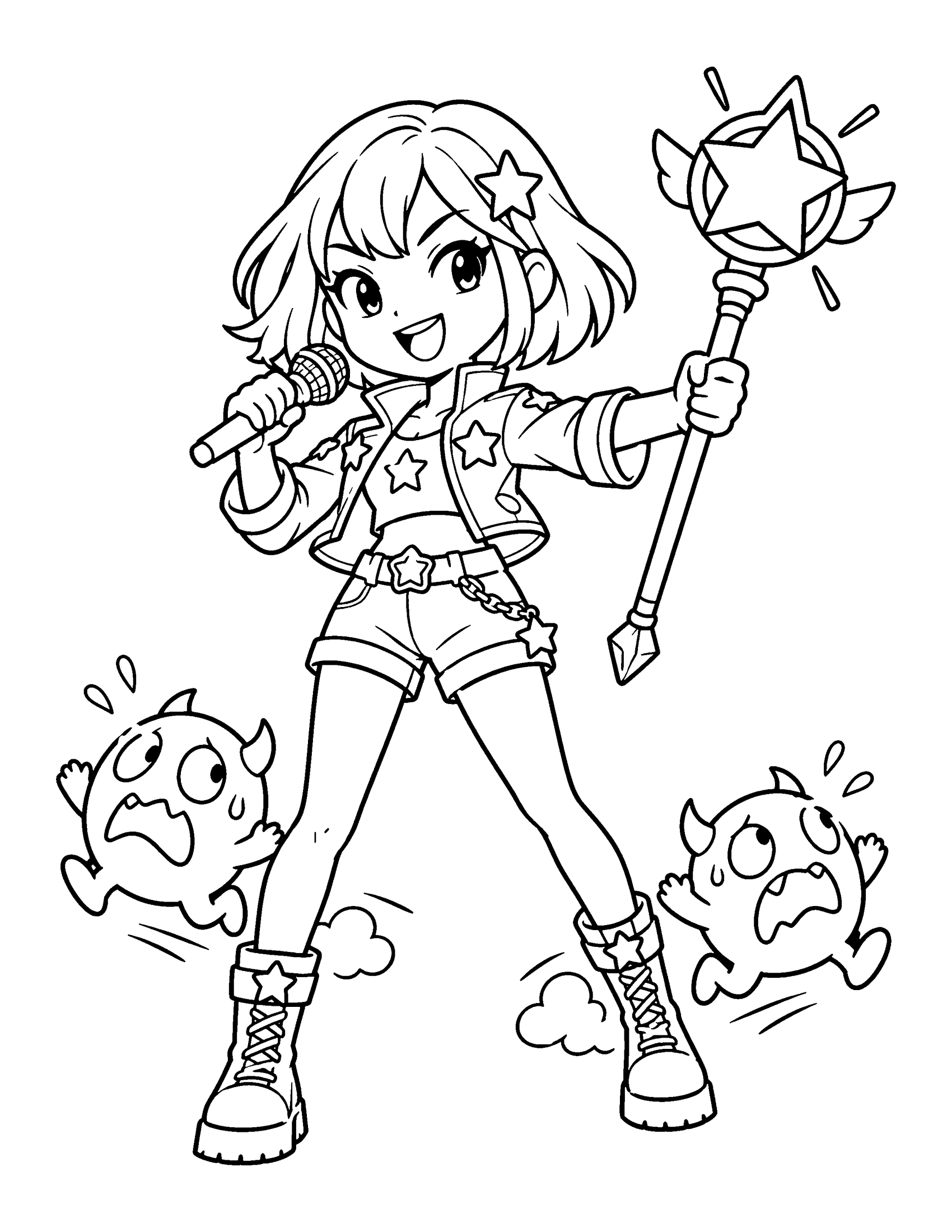 Original cartoon pop star with a bob haircut holding a microphone and a star staff while two small silly monsters run away, coloring page