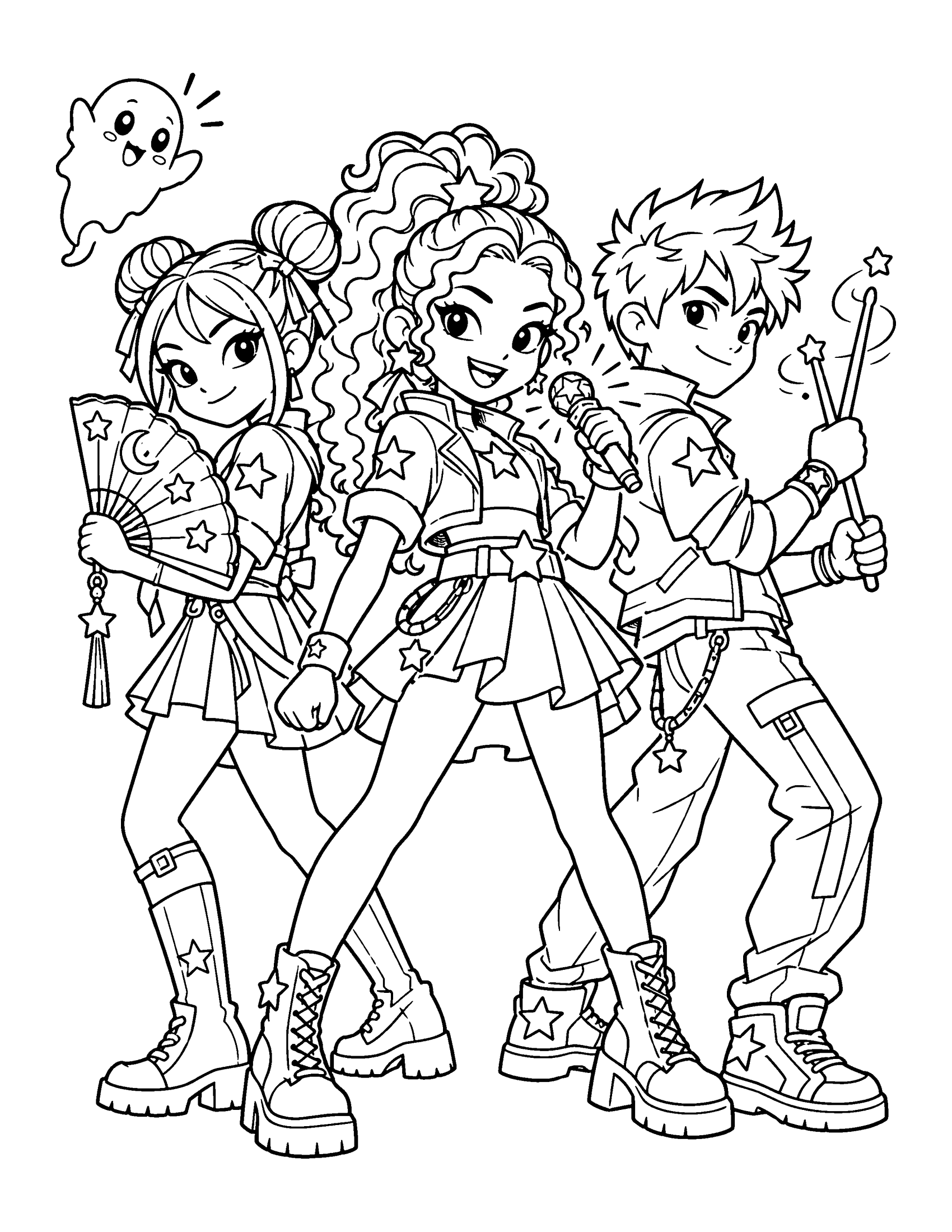 Team of three original cartoon pop star monster hunters with a fan, a microphone and drumsticks, and a small ghost, coloring page